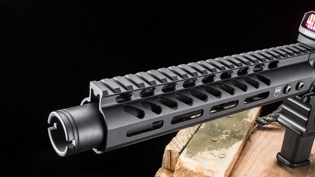 The nitrite-treated, 7.5-inch barrel with a 1-in-10-inch twist rate is surrounded by the low-profile M-LOK handguard.