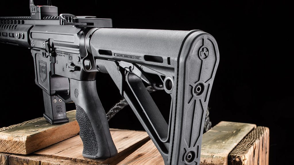 The DS-9 pistol-caliber carbine comes with a Magpul CTR stock.