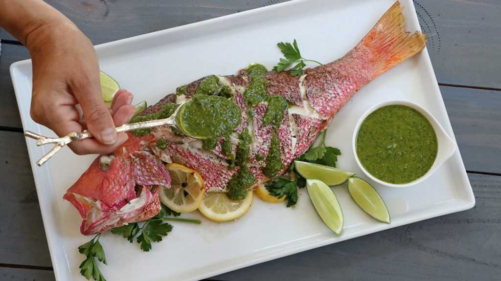 Finally, add the pesto to your Snapper, to round out your wild game cookout.