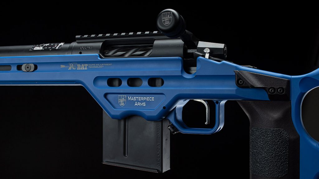 Masterpiece Arms Matrix rifle chassis has six grip options, three thumb rests and four trigger support options.