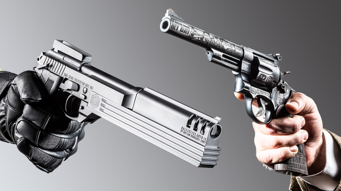 The showdown between Dirty Harry versus Robocop is beautifully illustrated in these two custom pistols from Outlaw Ordnance.
