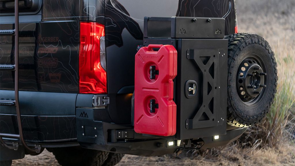The Backwoods Rear Swingout Bumper holds extra gear, a spare tire and gas can.