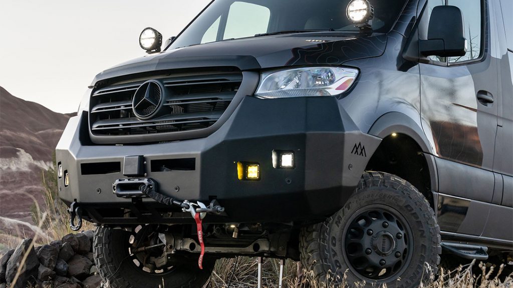 Backwoods Bumper with Warn Zeon 12-S Platinum Winch ensures the Outside Van Launch Pad will not stay stuck for long.