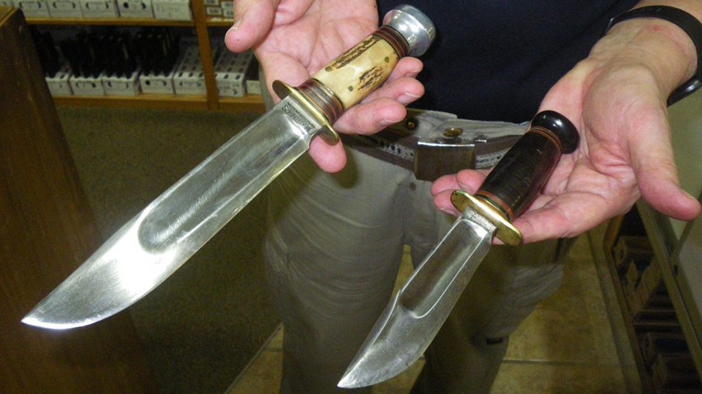 Two classic 1930’s Marble’s hunting knives on sale in the antique knives section of Smoky Mountain Knife Works.