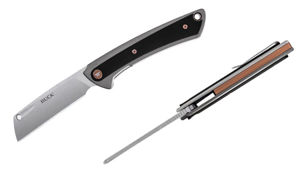 The Buck Knives HiLine features antique bronze accents.