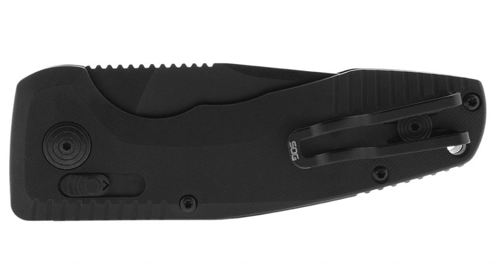 The SOG-TAC AU Compact features a reversible skeletonized pocket clip.