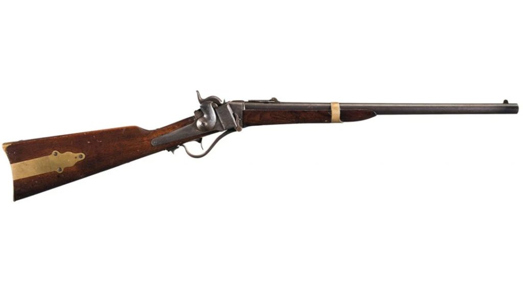 Desirable and Fine Sharps Model 1853 Slant Breech Percussion Carbine. Sold for $12,650 in April 2018.
