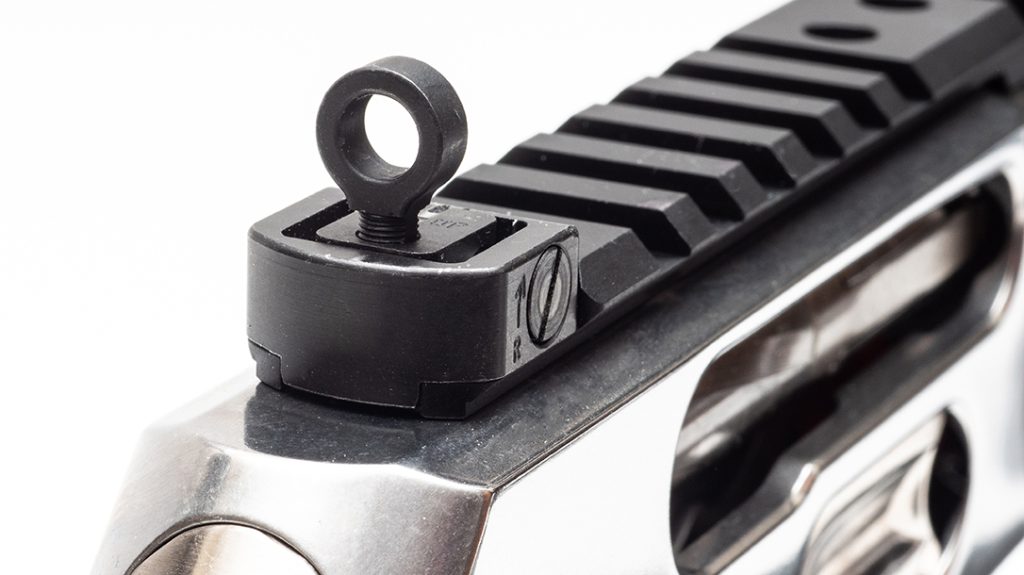 The lever-action Marlin 1895 SBL features a ghost ring rear sight.