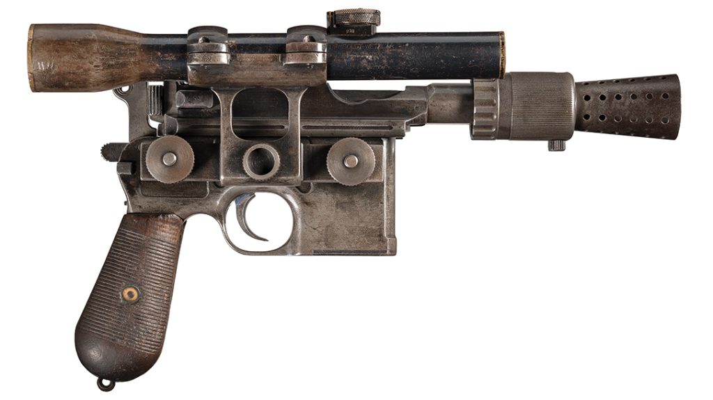 The Han Solo Blaster comes from the first movie of the franchise. 