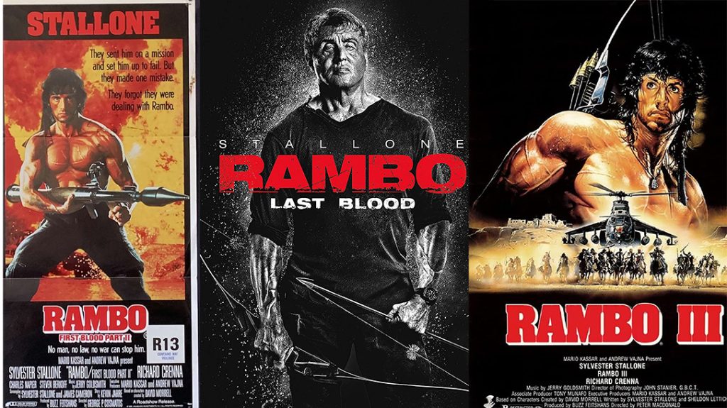 Rambo movie posters, Rambo, First Blood Part II, Rambo III and Rambo: Last Blood. 