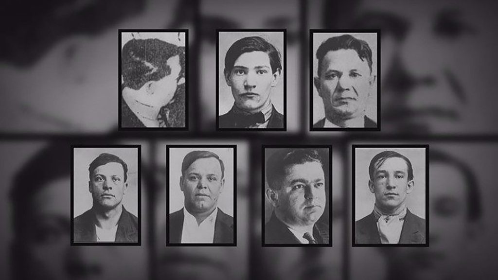 Composite of the St. Valentine’s Day Massacre victims. Top row: Reinhart Schwimmer, John May, Albert Kachellek. Bottom row: Peter Gusenberg, Frank Gusenberg, Albert Weinshank, Adam Heyer.