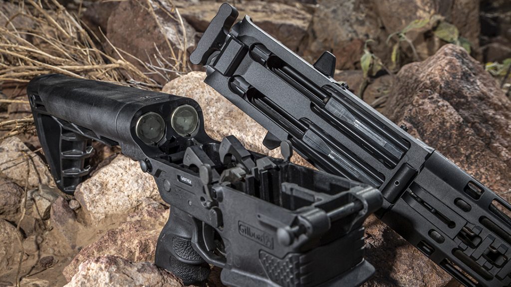 A look inside the lower receiver of the Gilboa Snake shows dual triggers, buffers and magwells. 