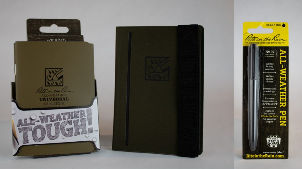 Rite in the Rain All-Weather pen, field wallet and notepad.  