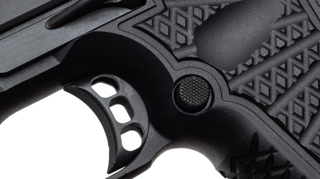 The superb texturing machined into the SFX9’s grip offered excellent traction for a secure purchase on the pistol.