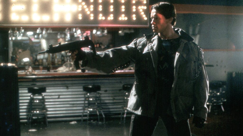 The T-800 in The Terminator is armed with the "Uzi 9mm" he acquired earlier in the film